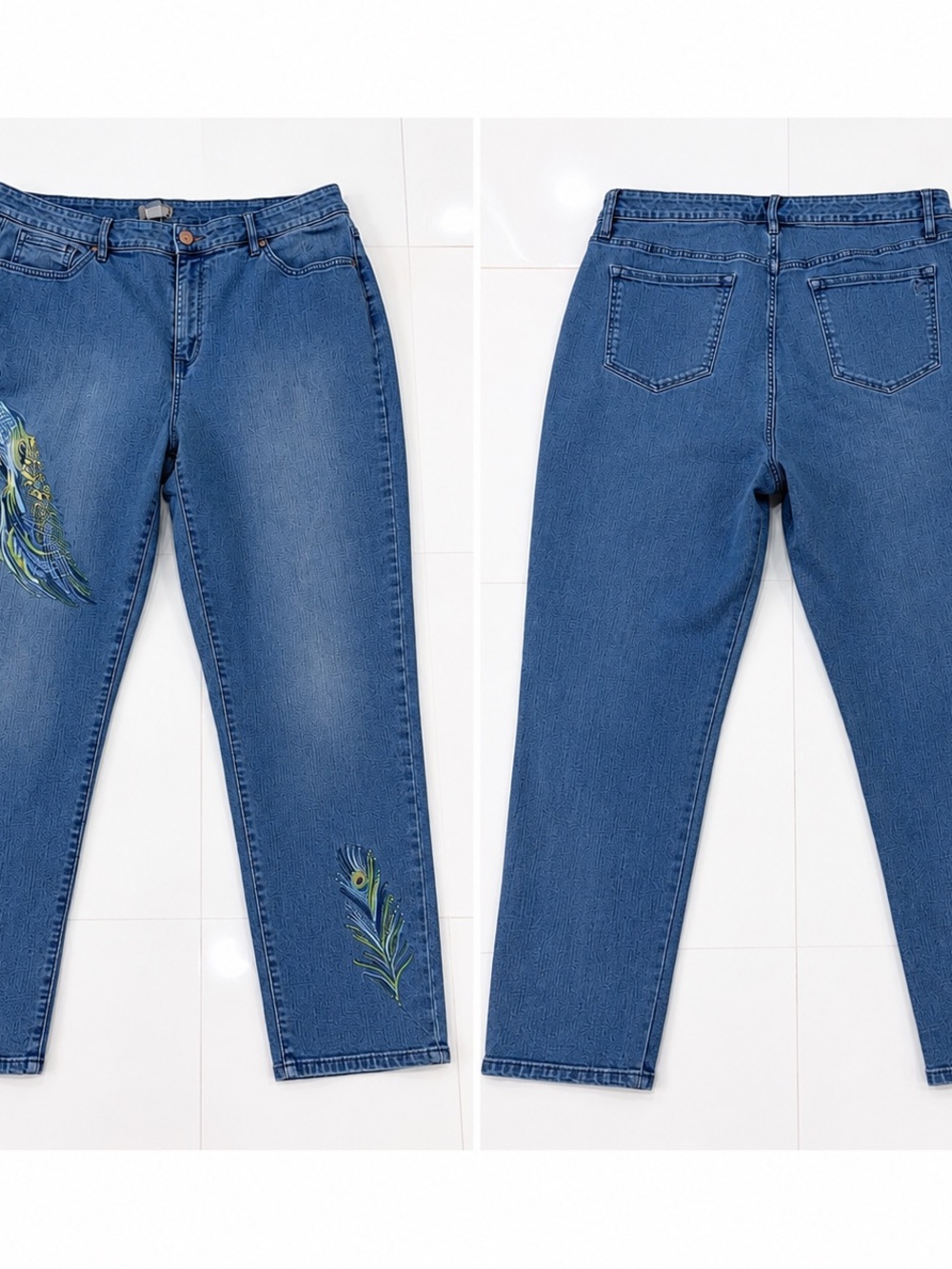 Vintage Embroidered Peacock Feather Jeans Light Wash Denim Size 18W